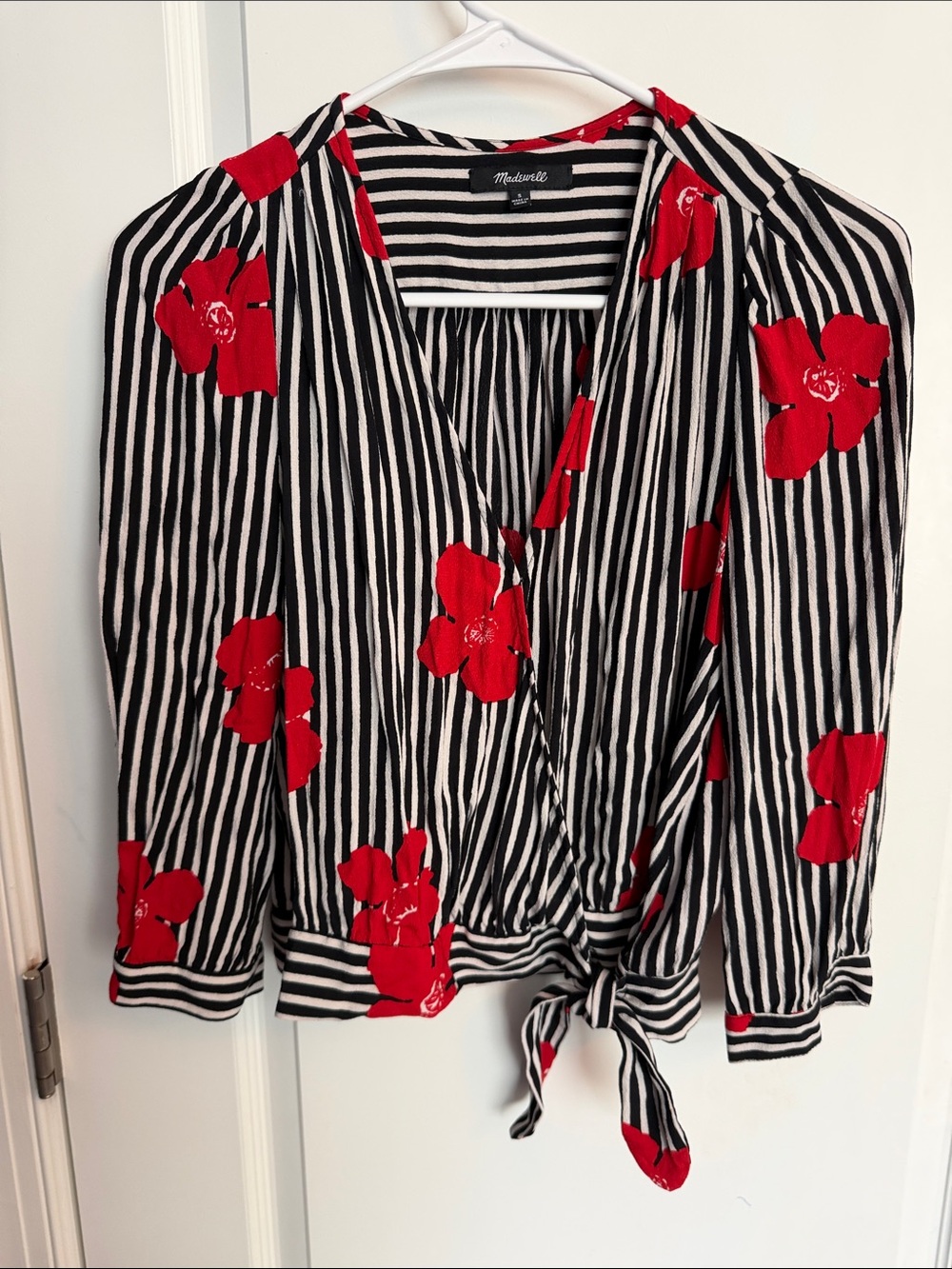 Madewell Wrap Blouse Stripe Floral Mixed Print Tie Waist Bell Cuffs Size S